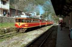 The Ferrostal railcar produces a lot of smoke at the new Aguas Calientes station preparing for the trip back to Cusco
